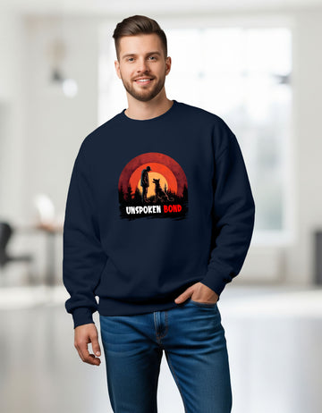 Man wearing a Dumkee oversize navy blue sweatshirt with a graphic design and text.