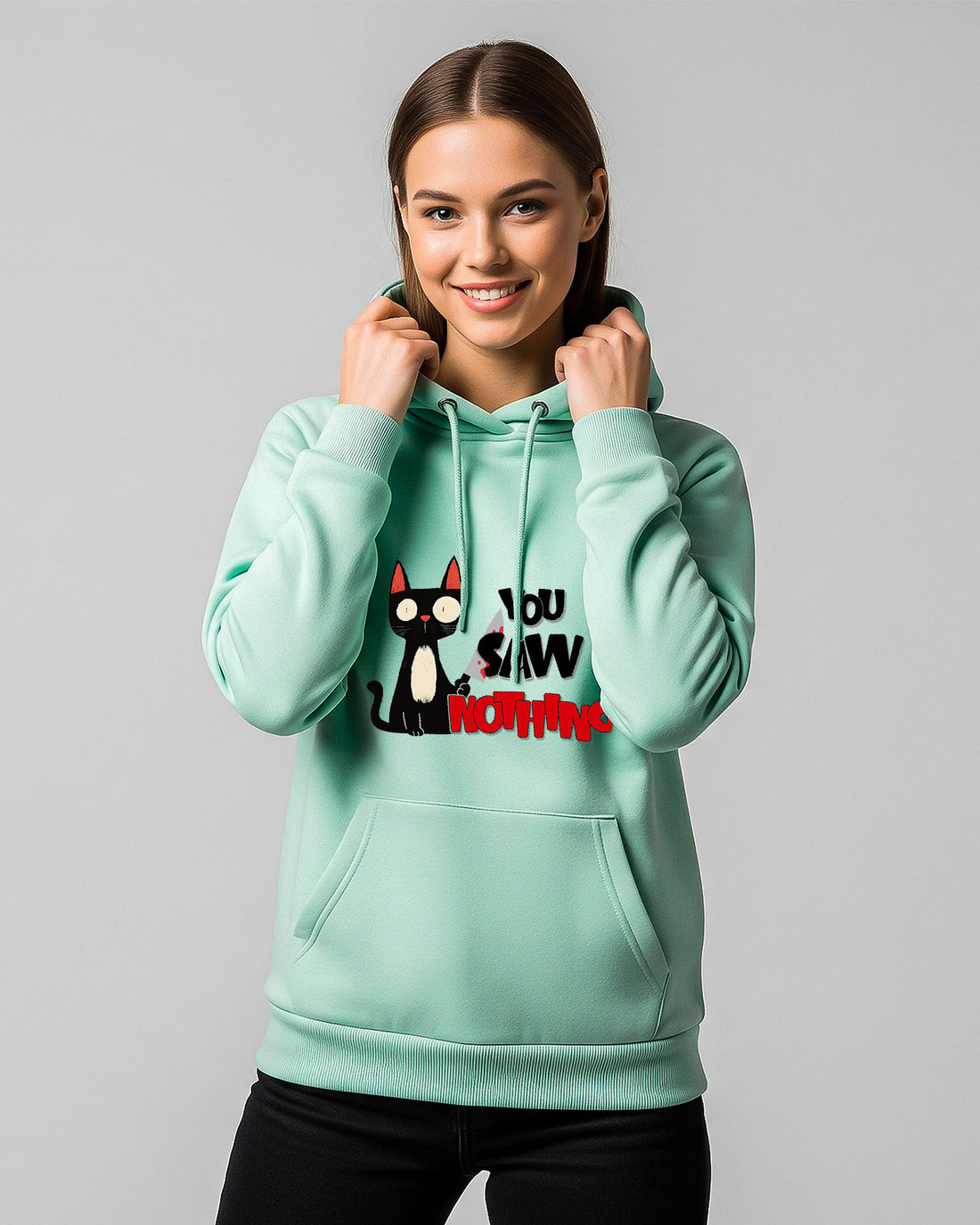 Person wearing a Dumkee  light blue hoodie with a graphic design