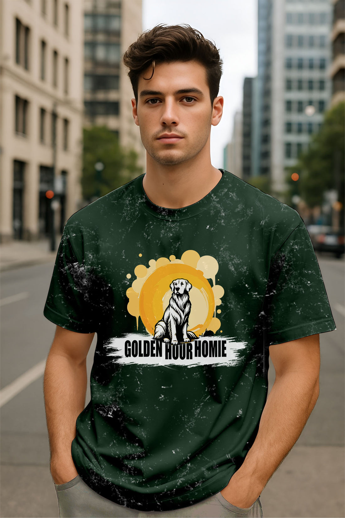 Man wearing a Dumkee Oversize green t-shirt with a dog graphic and text