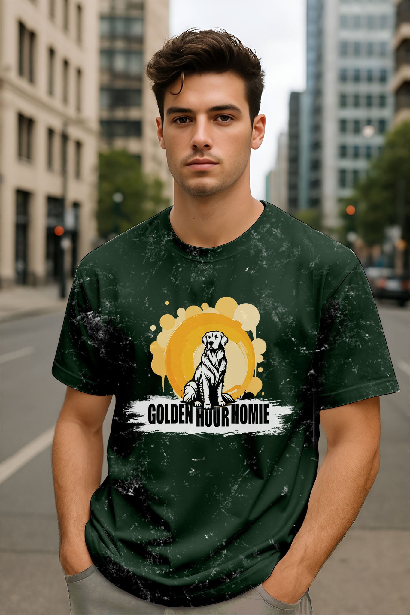 Man wearing a Dumkee Oversize green t-shirt with a dog graphic and text