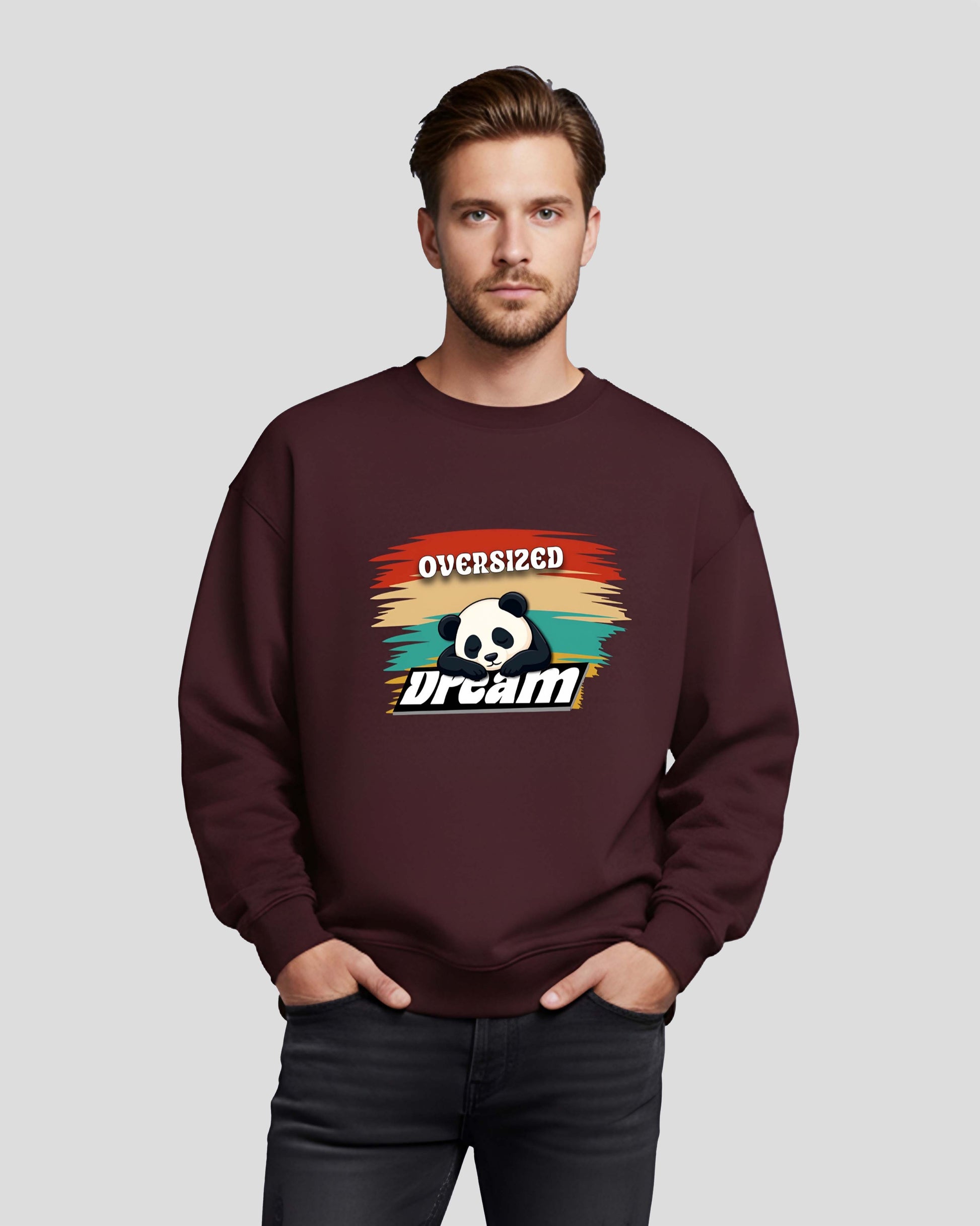 Man wearing a Dumkee Oversize maroon sweatshirt with a panda graphic