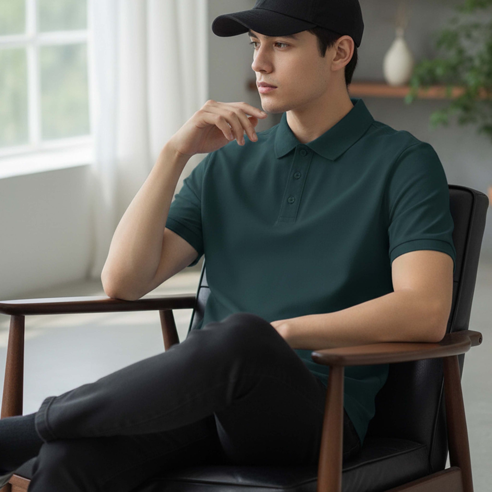 Man wearing a petrol blue polo shirt and black cap