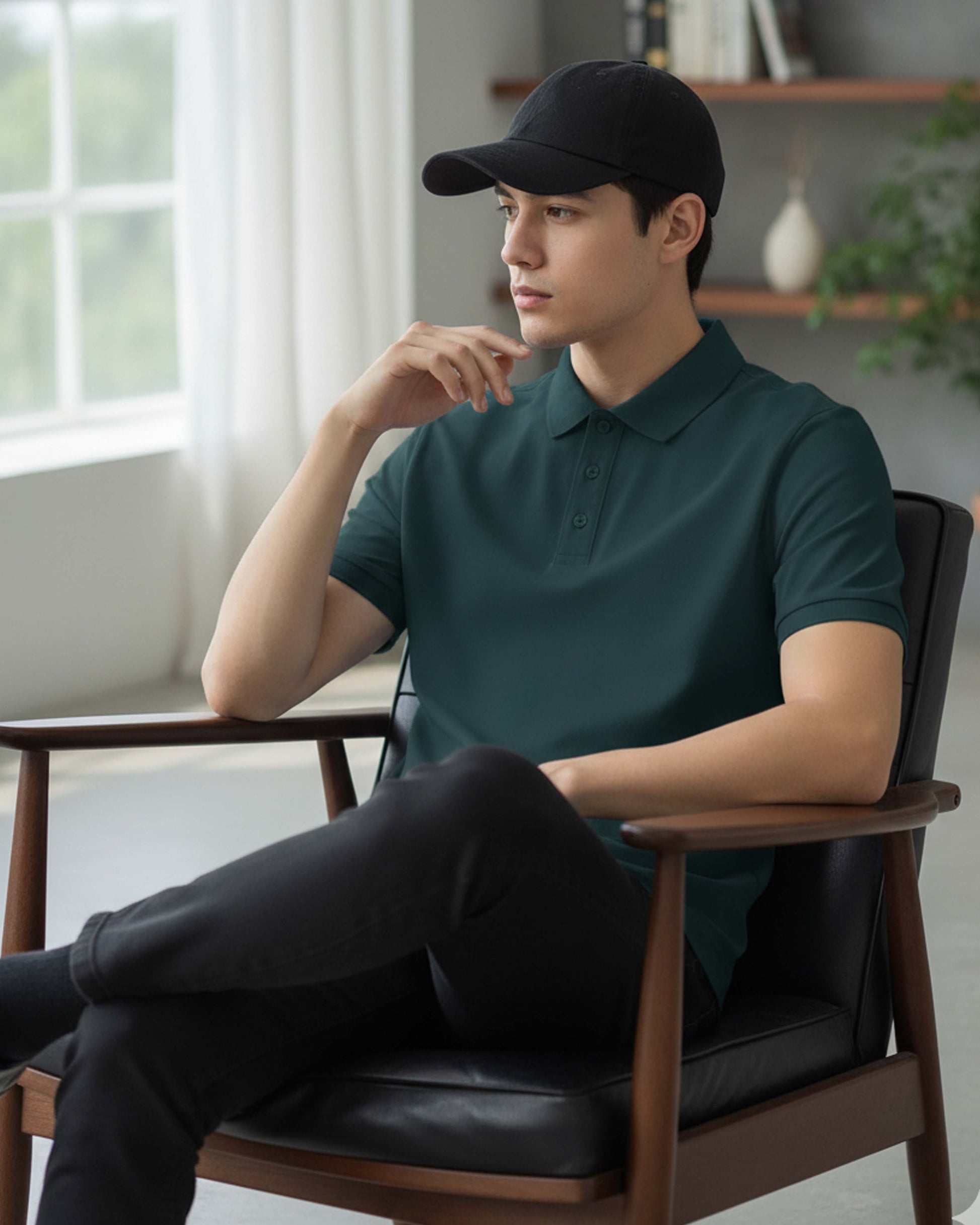 Man wearing a petrol blue polo shirt and black cap