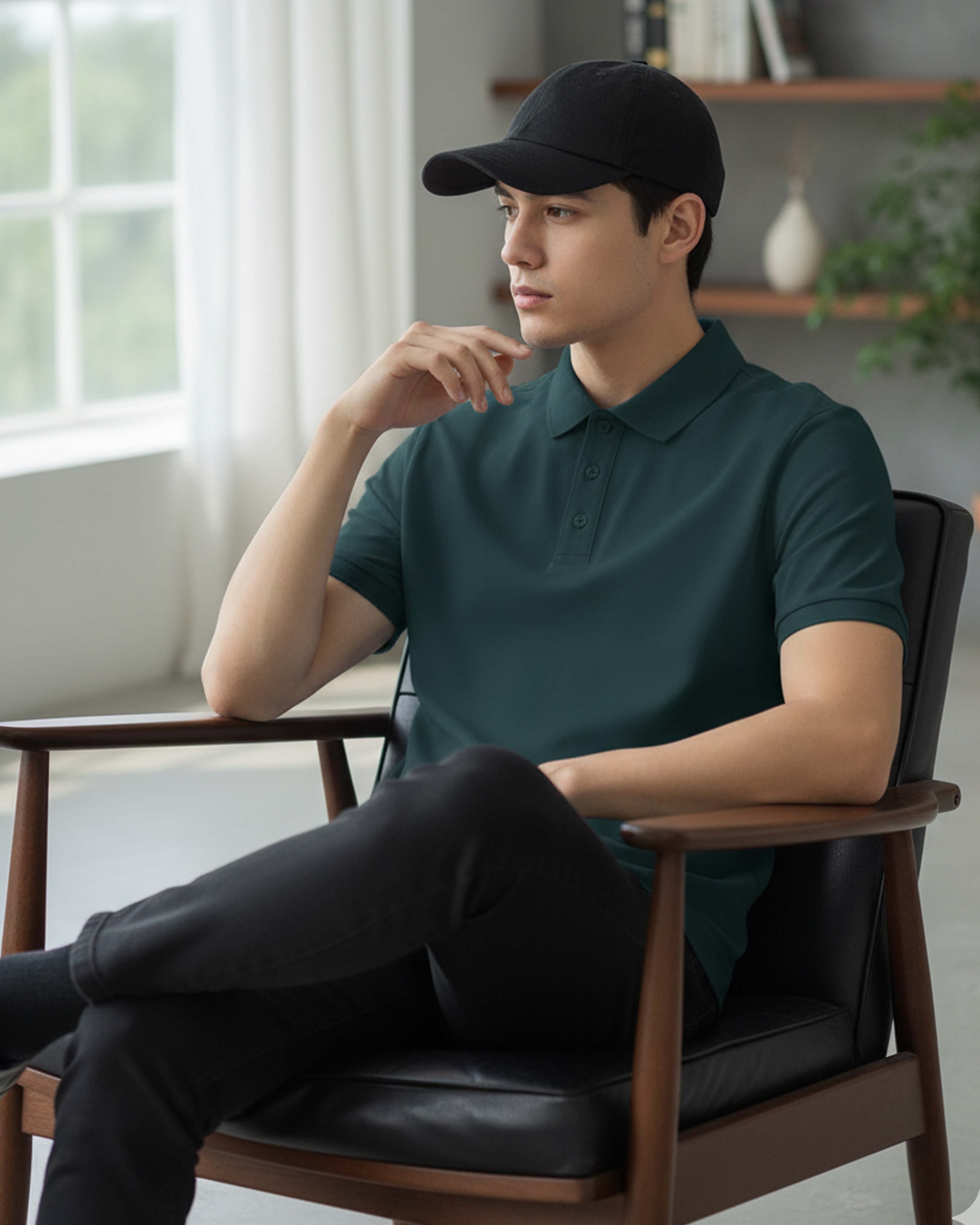 Man wearing a petrol blue polo shirt and black cap