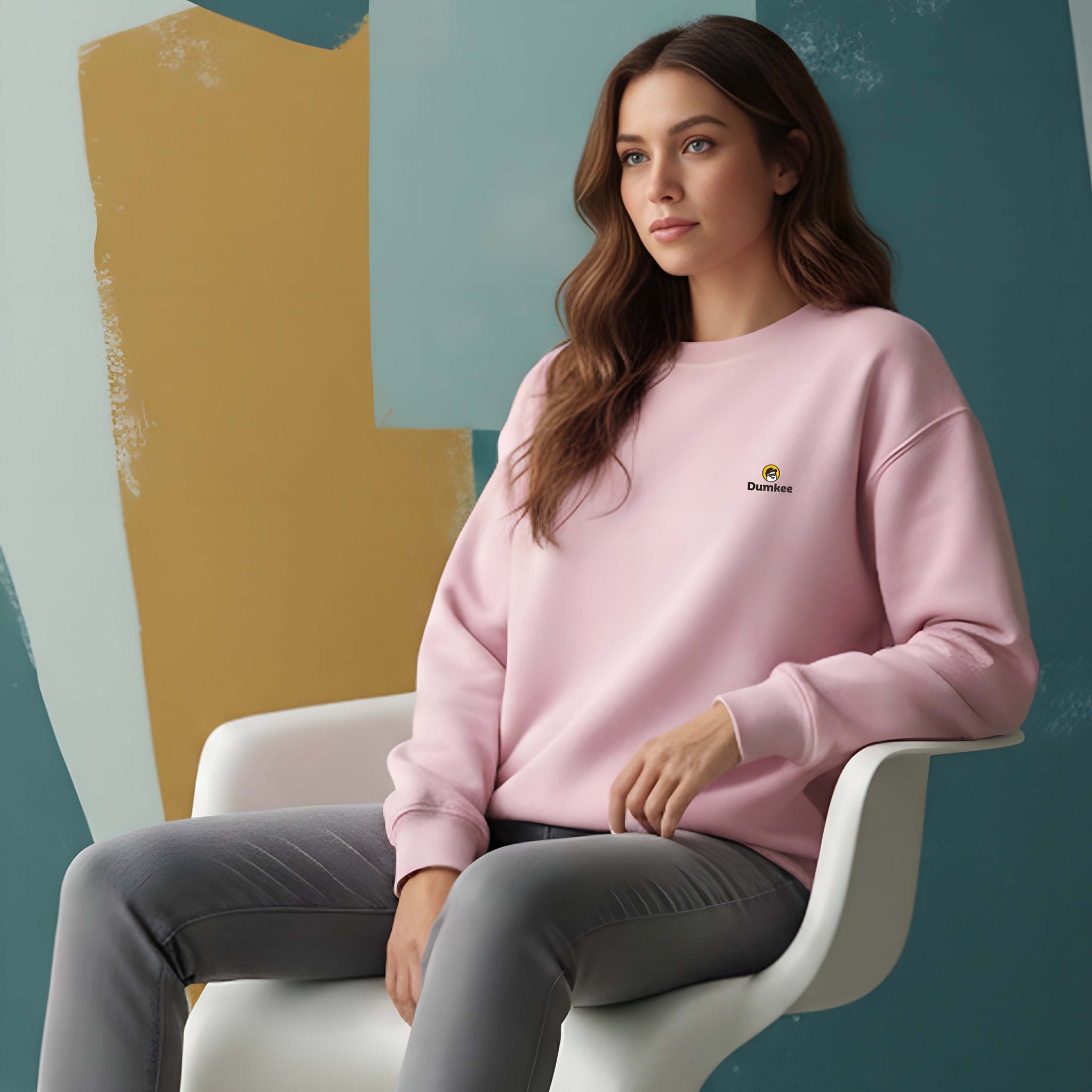 Woman wearing a Dumkee Oversize pink sweatshirt with a logo.