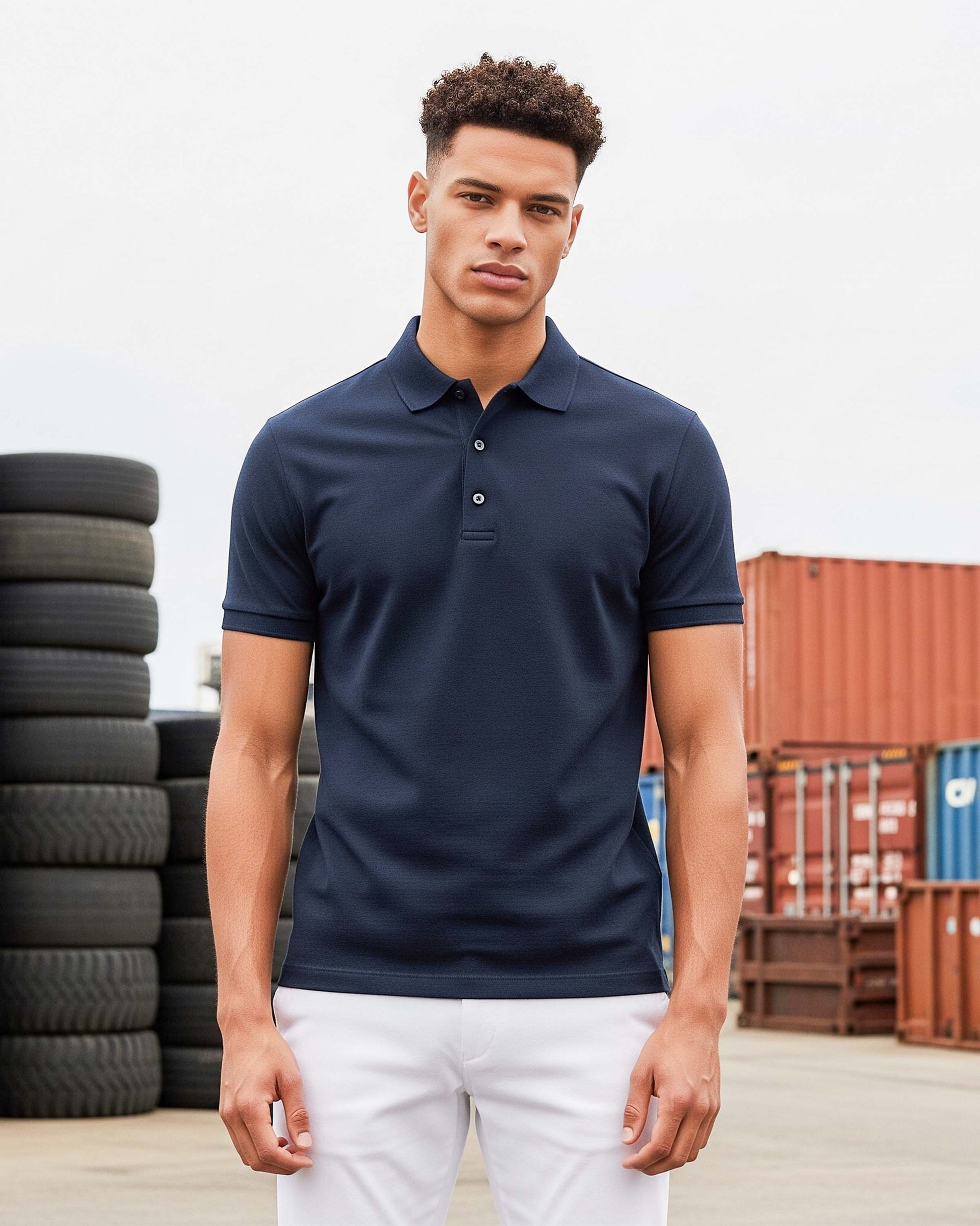Man wearing a Dumkee navy blue polo shirt