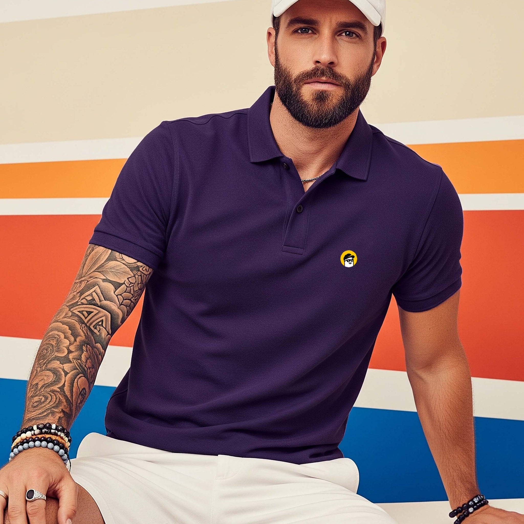 Man wearing a Dumkee  purple polo shirt with a logo