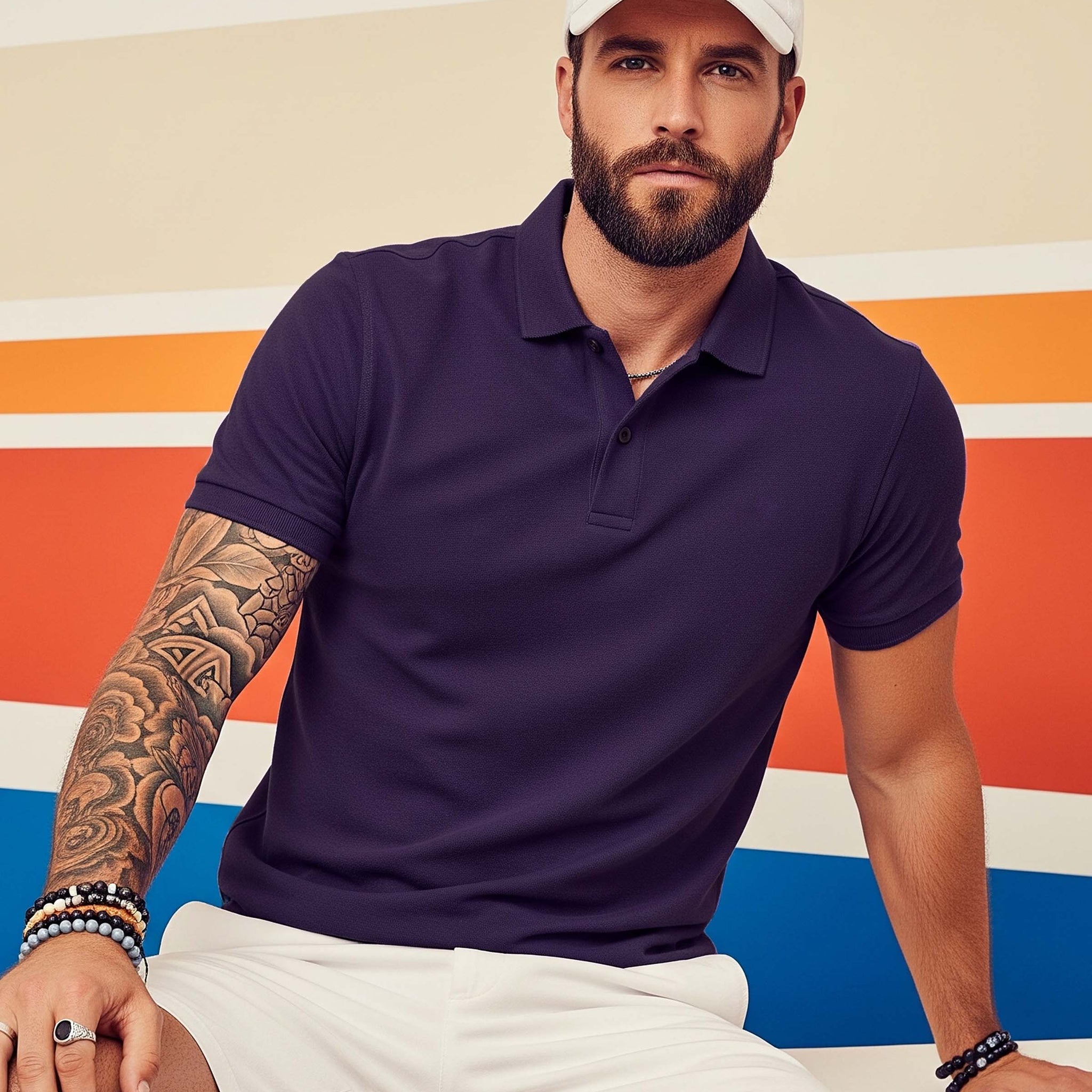 Man wearing a Dumkee  purple polo shirt and white cap
