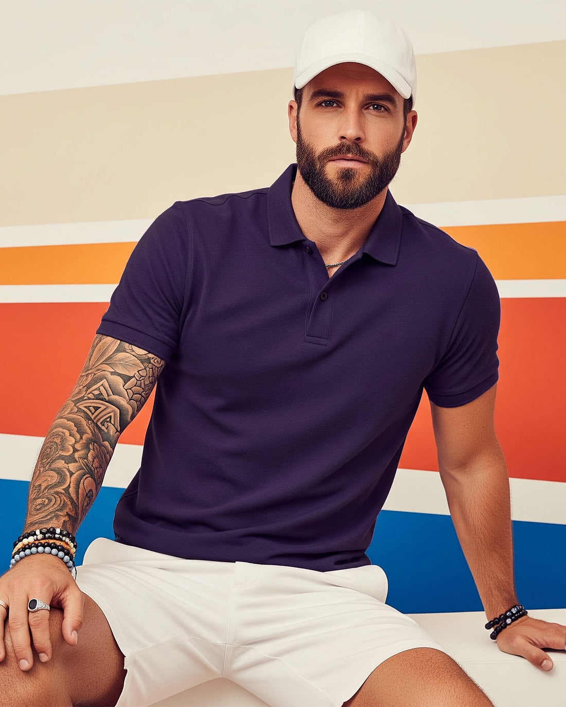 Man wearing a Dumkee  purple polo shirt and white cap