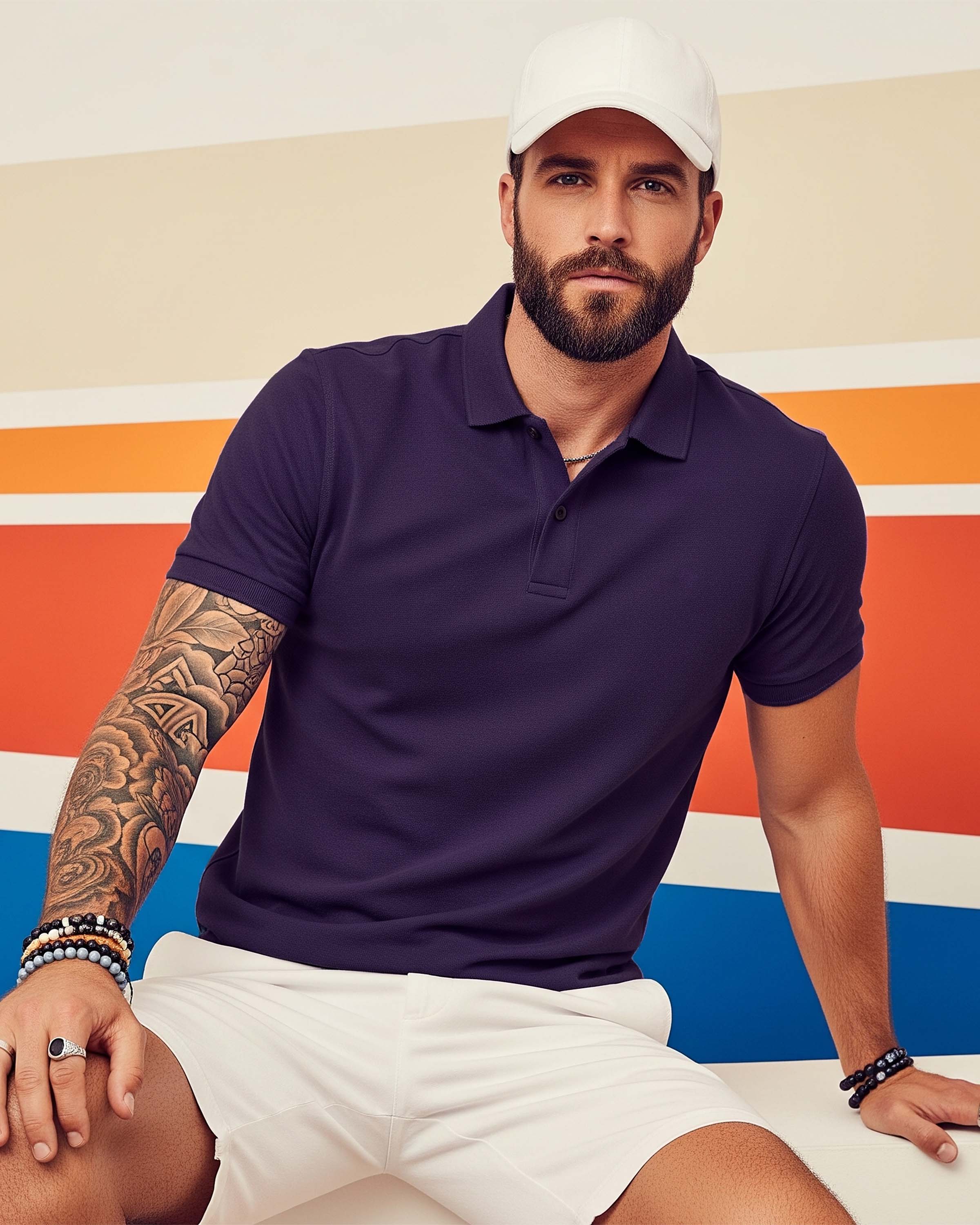 Man wearing a Dumkee  purple polo shirt and white cap