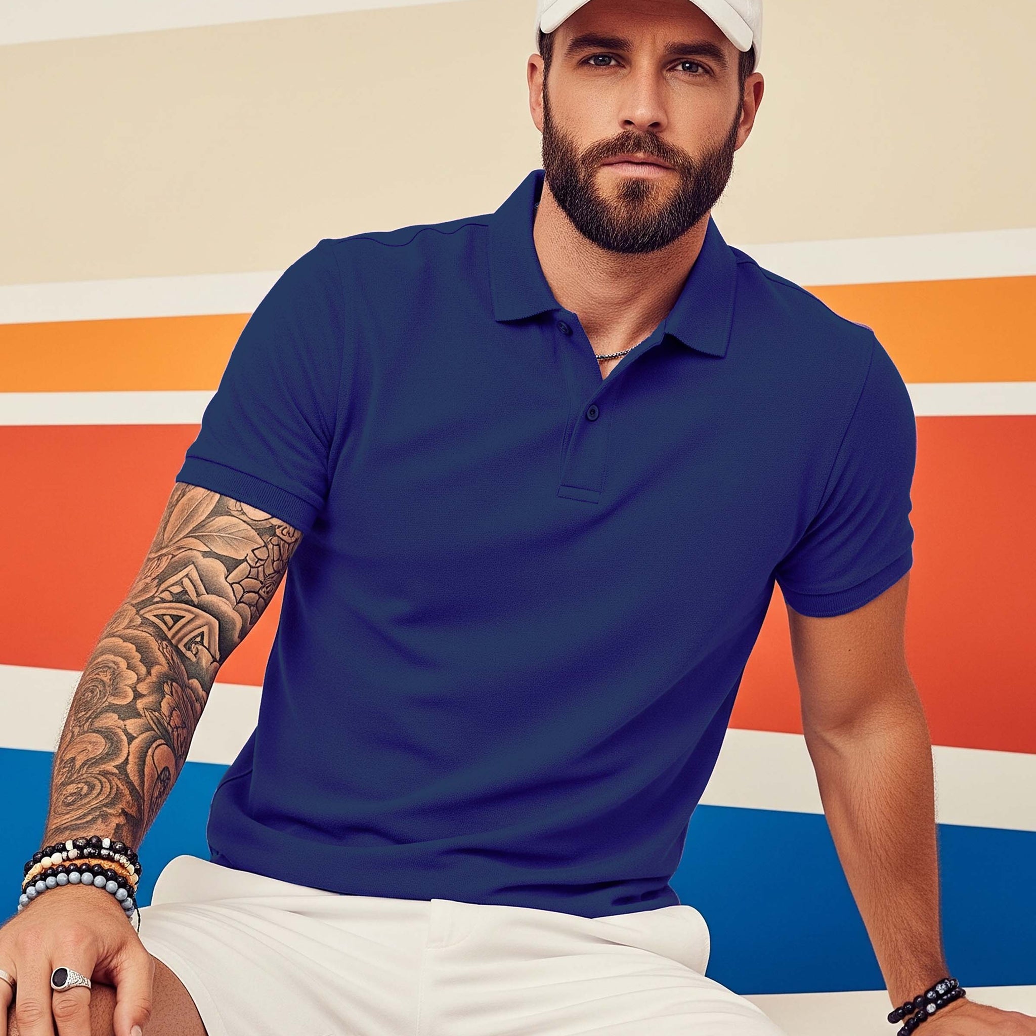 Man wearing a Dumkee Royal blue polo shirt