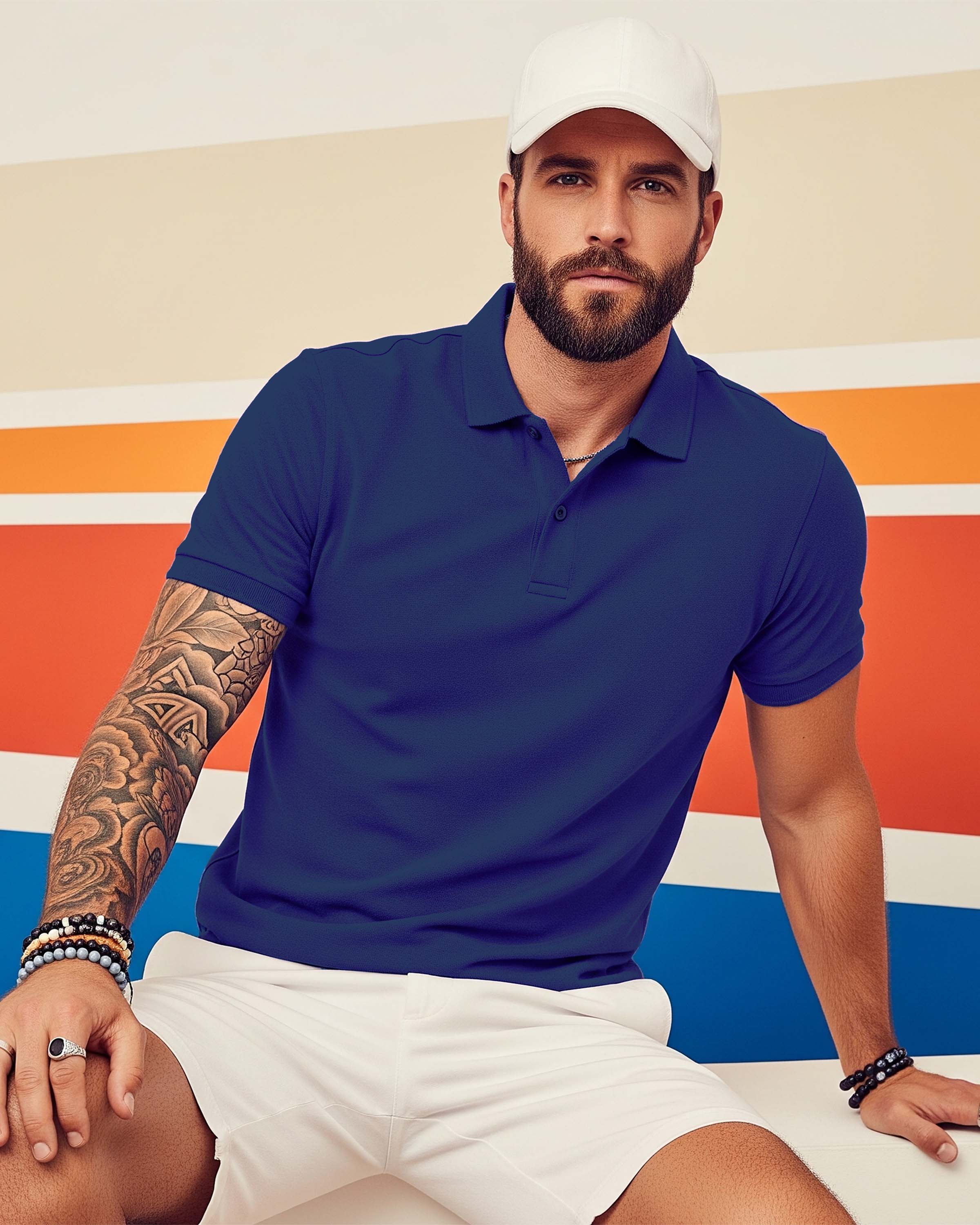 Man wearing a Dumkee Royal blue polo shirt