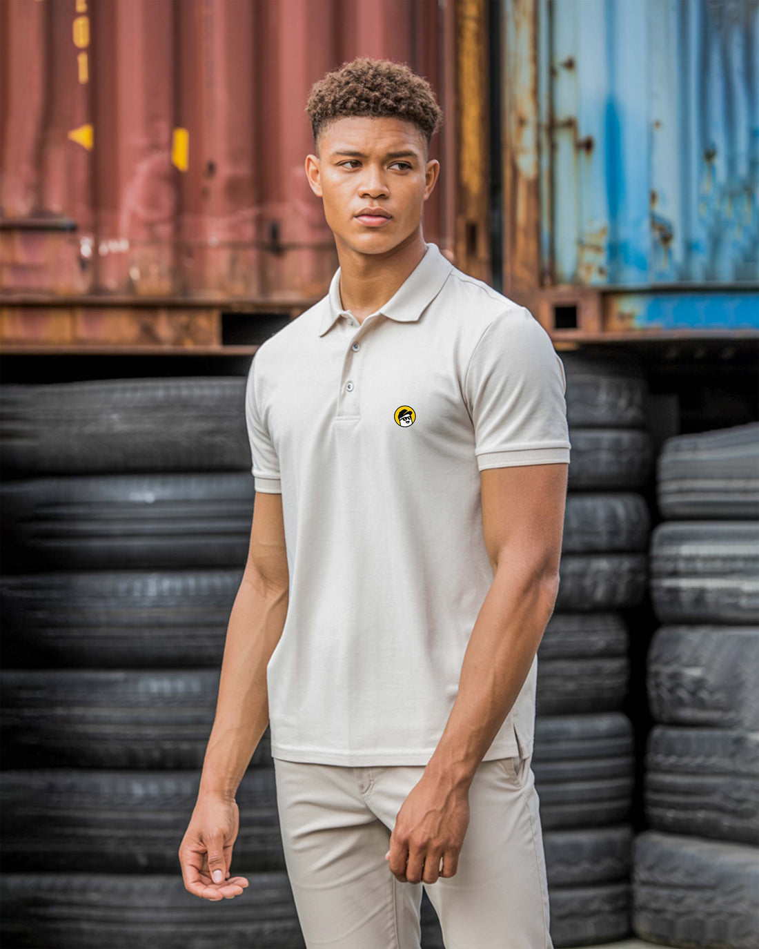 Person wearing a Dumkee light-colored polo shirt with a logo