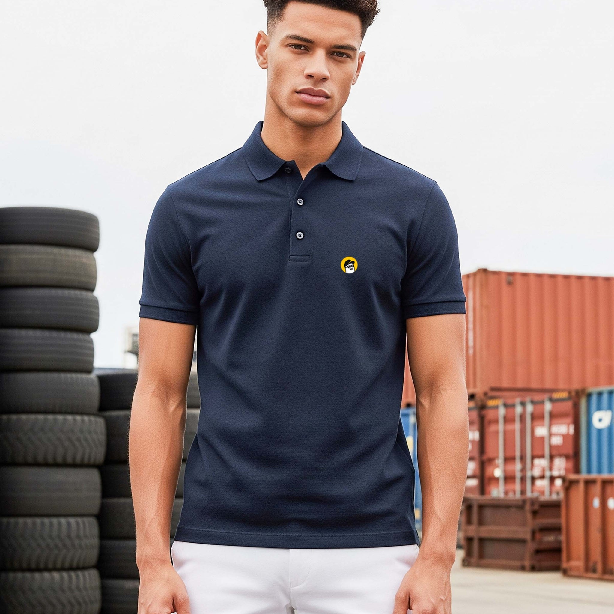 Man wearing a Dumkee  navy polo shirt with a logo