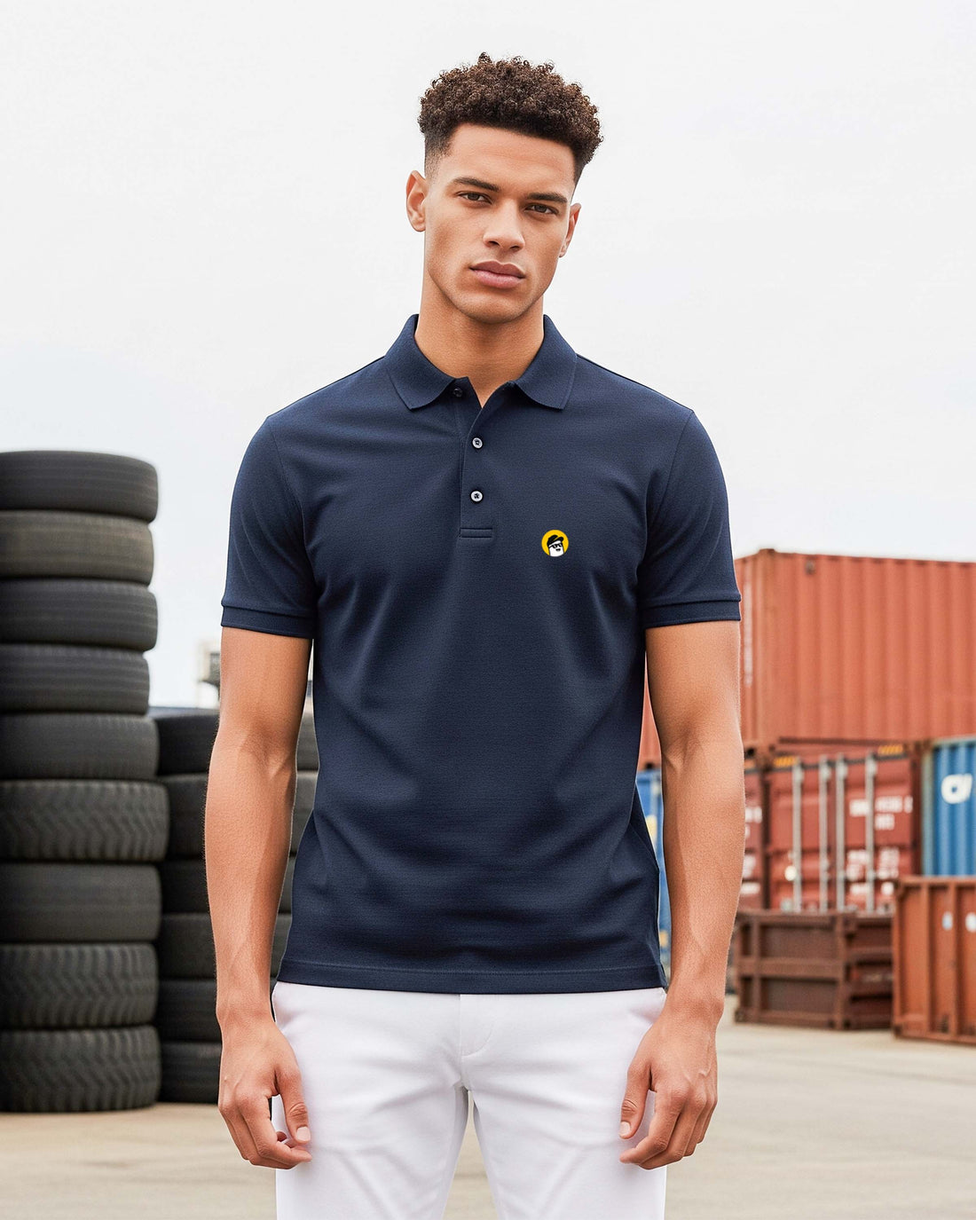 Man wearing a Dumkee  navy polo shirt with a logo