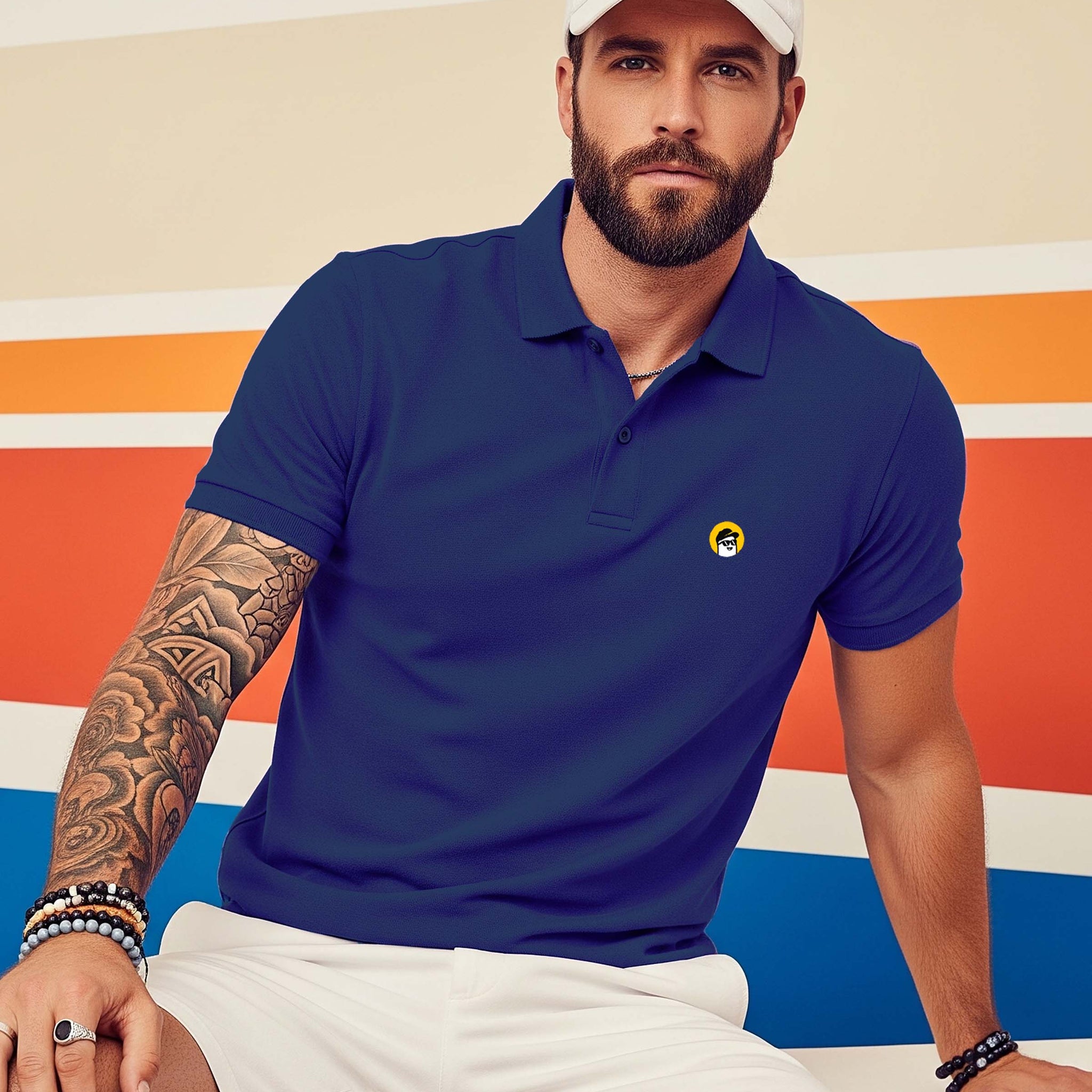 Man wearing a Dumkee  blue polo shirt with a logo