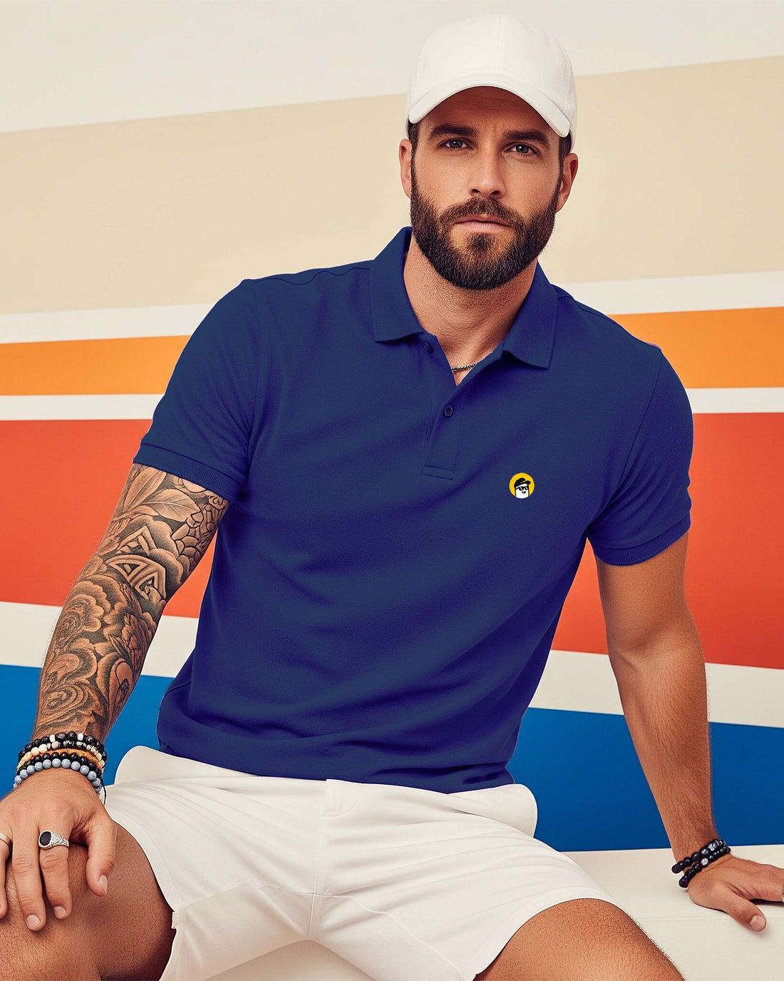 Man wearing a Dumkee  blue polo shirt with a logo