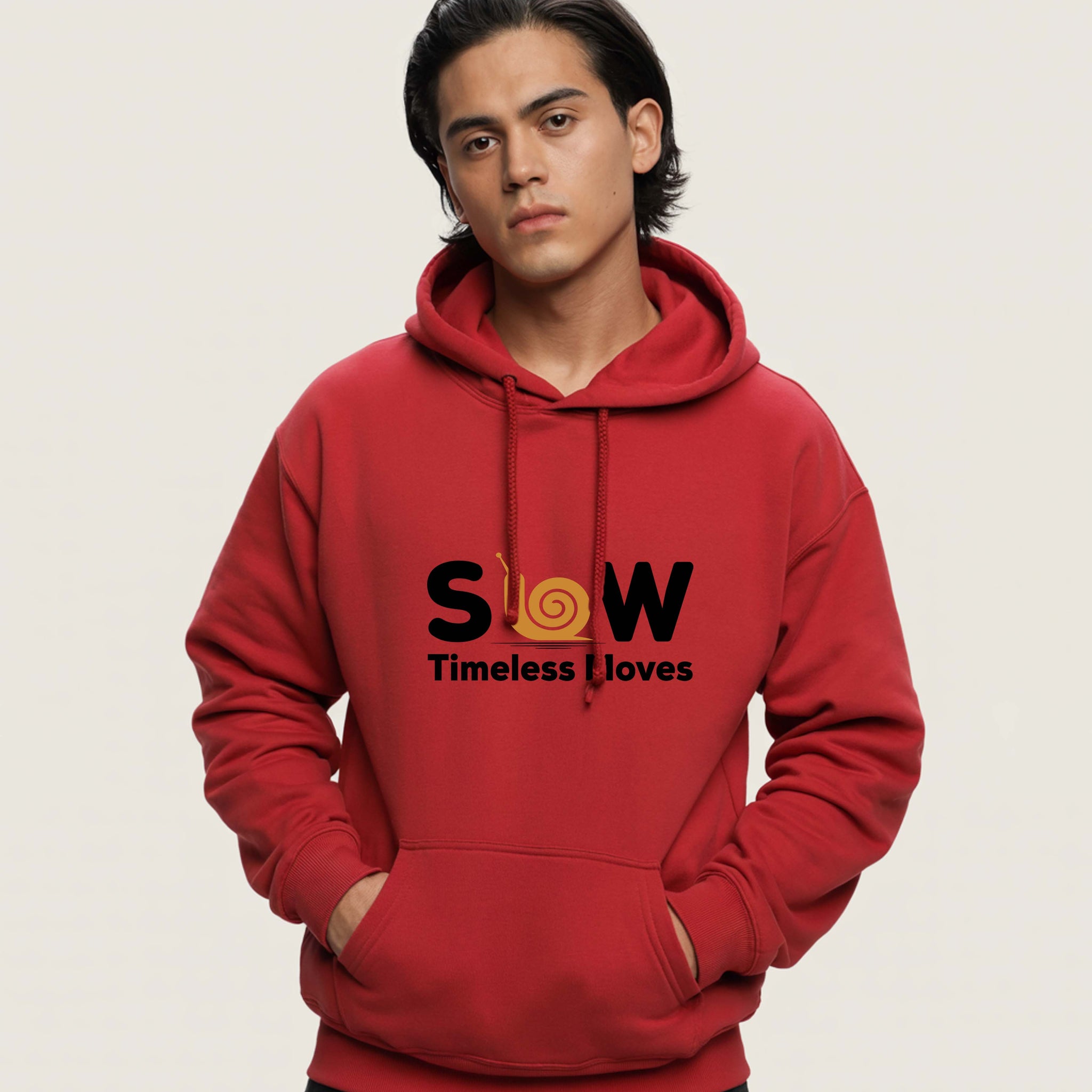 Person wearing a Dumkee Oversize red hoodie with 'SLOW Timeless Loves' text on a beige background
