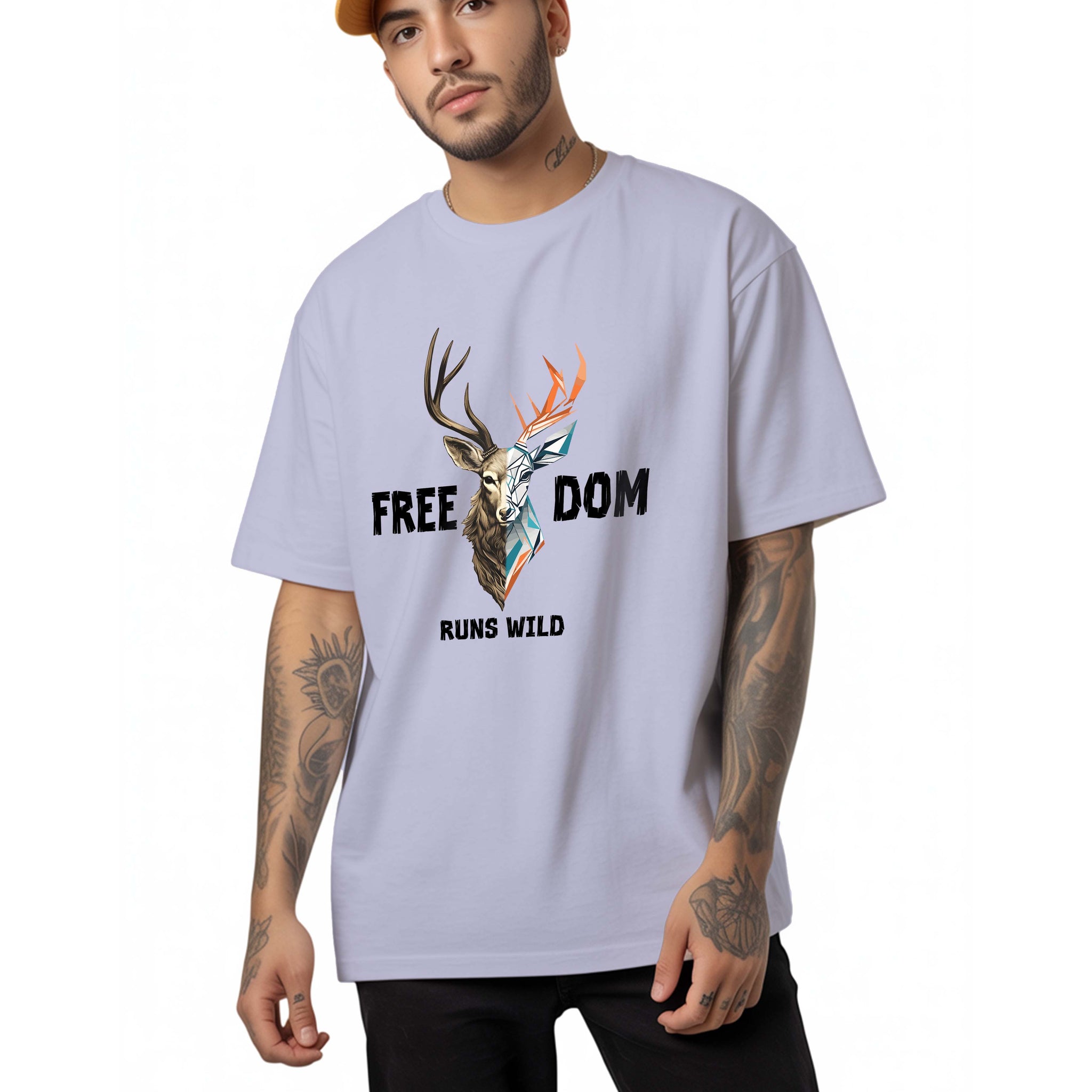 Man wearing a Dumkee white oversize t-shirt with a graphic design and text.