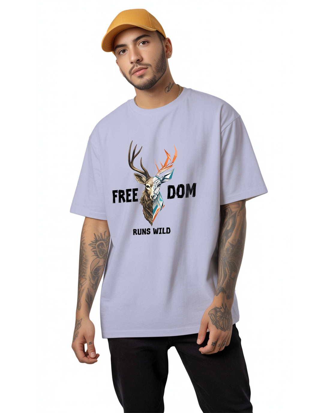 Man wearing a Dumkee white oversize t-shirt with a graphic design and text.